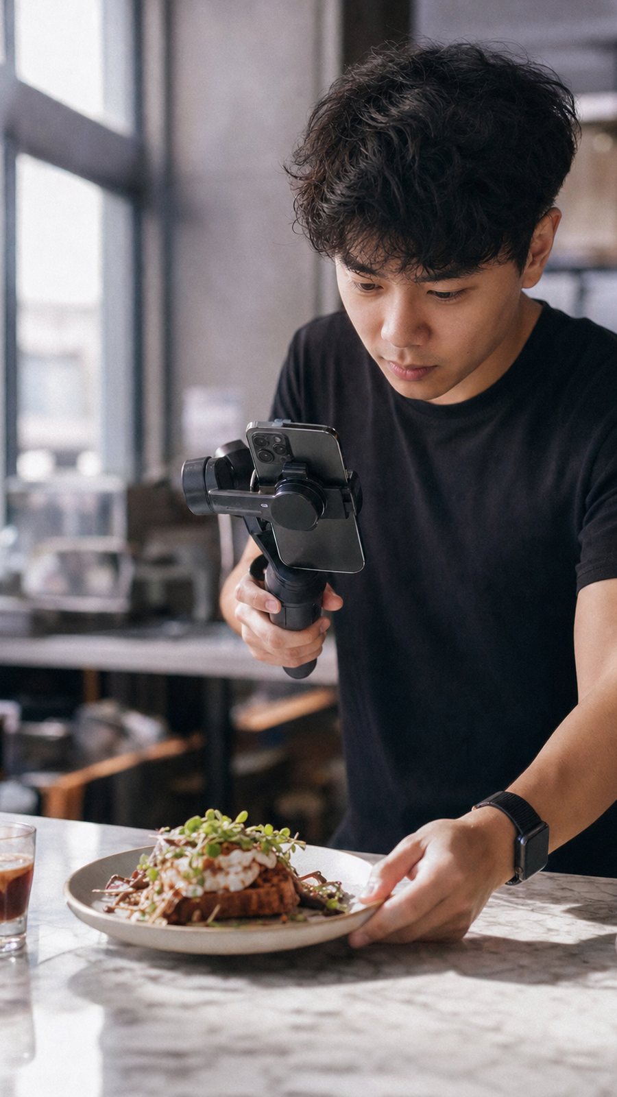 Filming a cafe dish on a gimbal in Singapore
